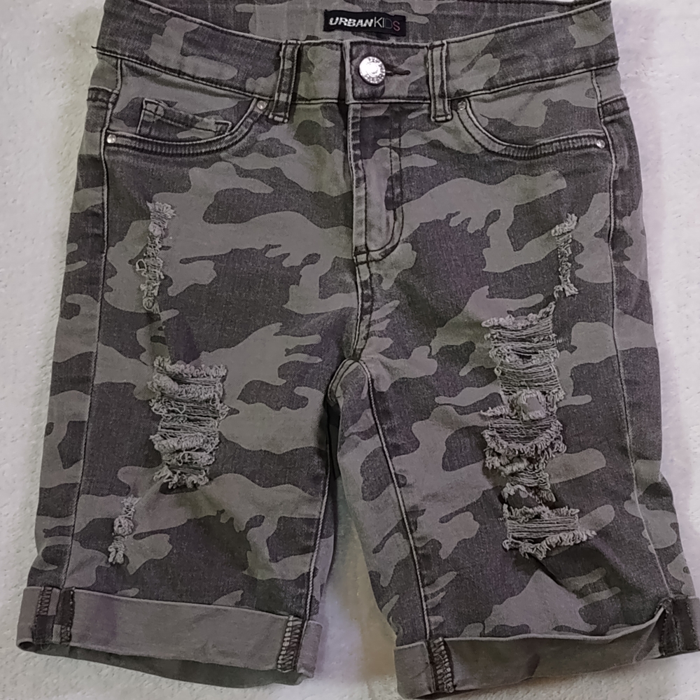 Girls Camo Distressed Shorts, Adjustable Waist